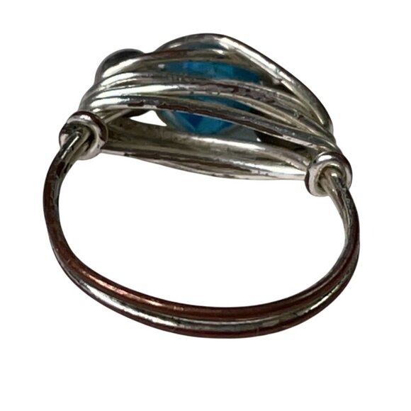 Silver Wire Wrapped Ring With Blue Glass Bead Metallic Accents u - Picture 3 of 4